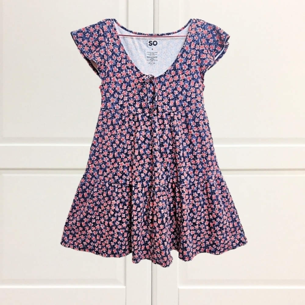 SO Navy Dress with Pink Floral Print and Tie Front